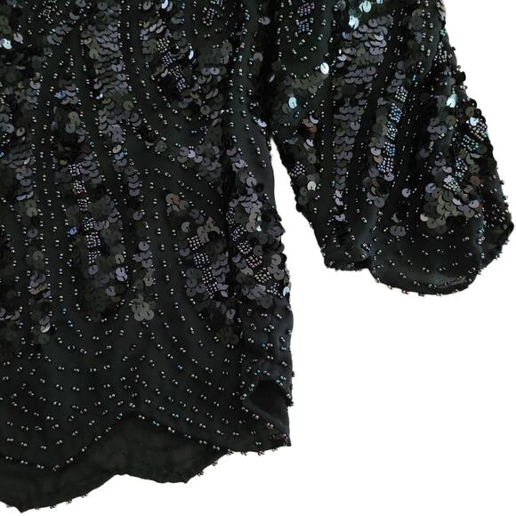 St. Eve Milano Black Long Sleeve Subtle Iridescent Sequin Beaded Scallop Hem Top - Picture 8 of 11